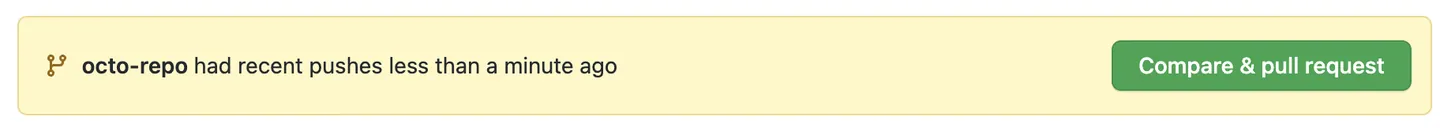 GitHub notification showing a recently pushed branch with a Compare and pull request button