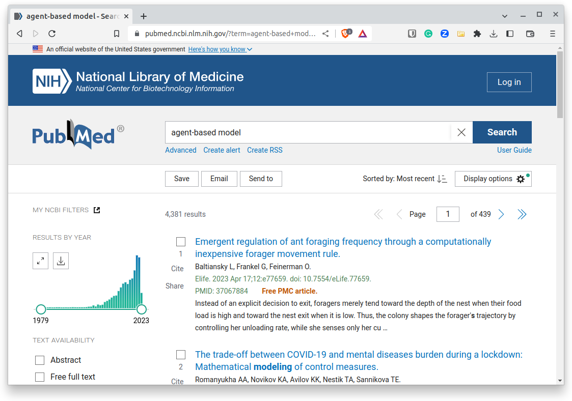 Screenshot of PubMed search results page showing recent papers about agent-based models